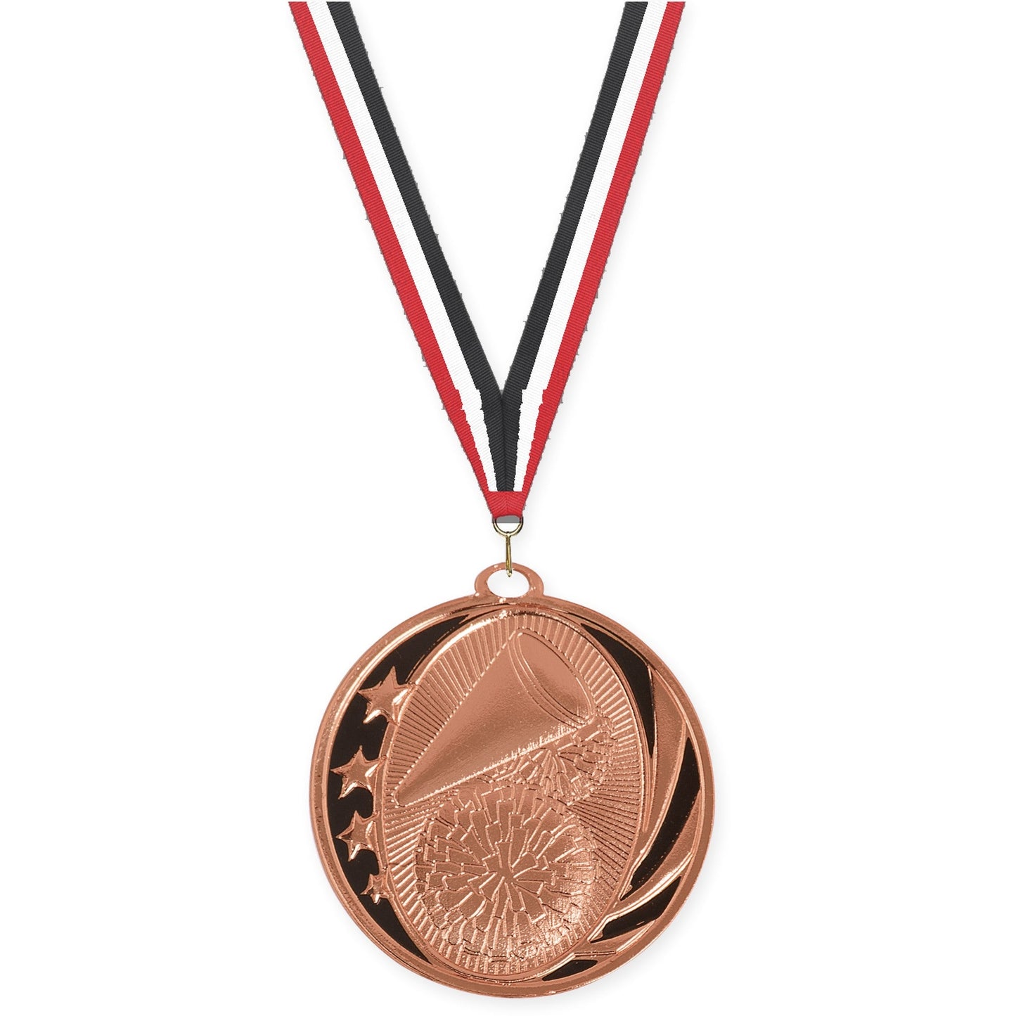 2 inch cheerleading MidNite Star medal in bright bronze with Red White Black neck ribbon