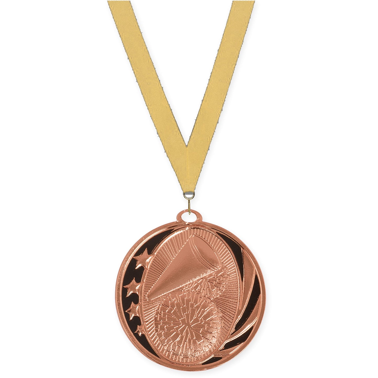 2 inch cheerleading MidNite Star medal in bright bronze with Gold Metallic neck ribbon