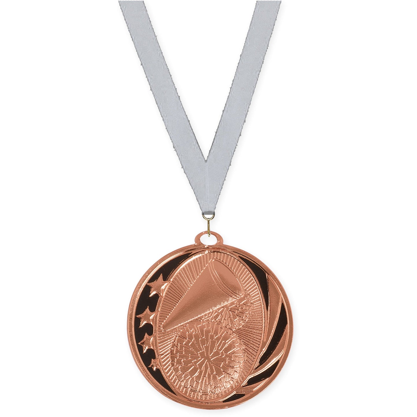 2 inch cheerleading MidNite Star medal in bright bronze with Silver Metallic neck ribbon