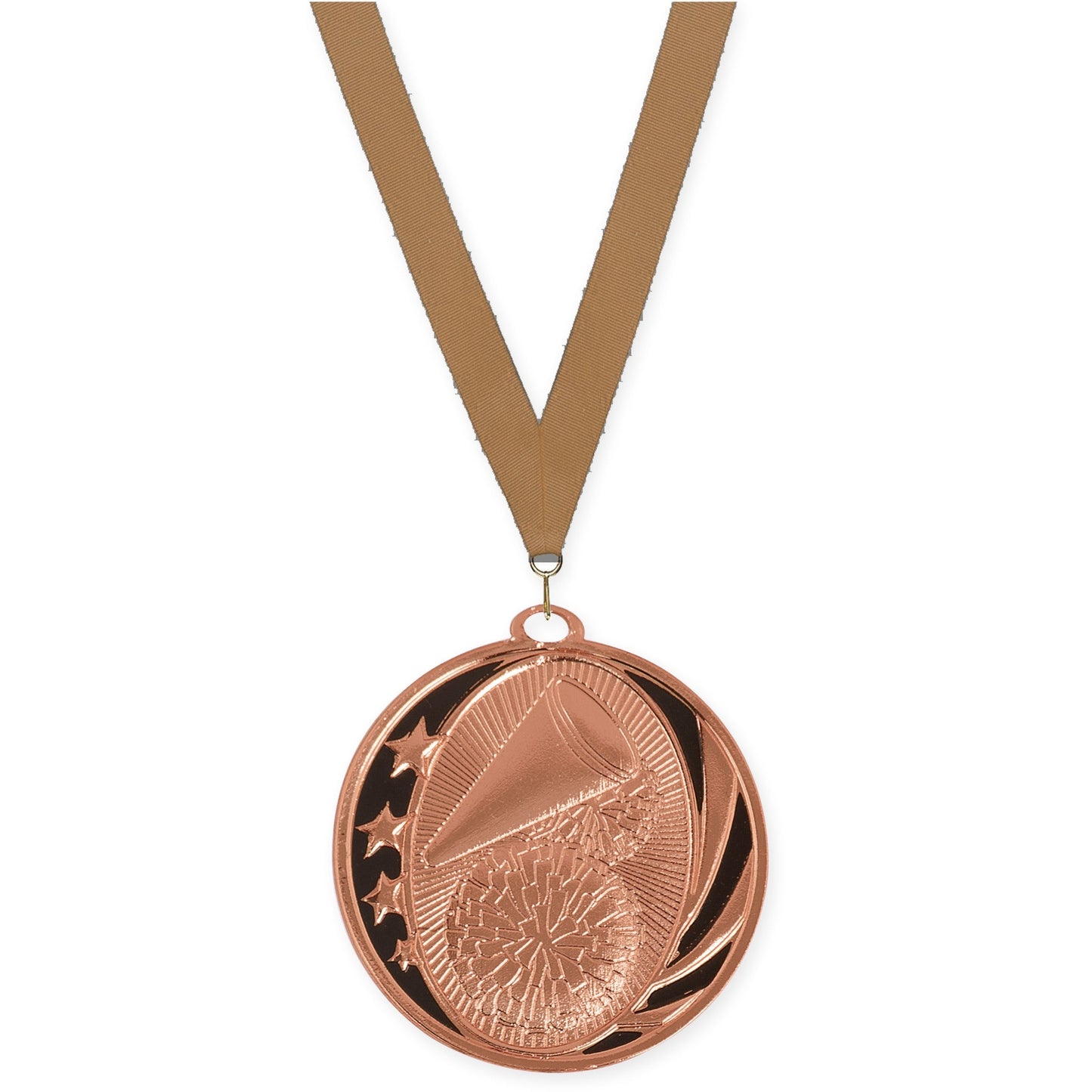 2 inch cheerleading MidNite Star medal in bright bronze with Bronze Metallic neck ribbon