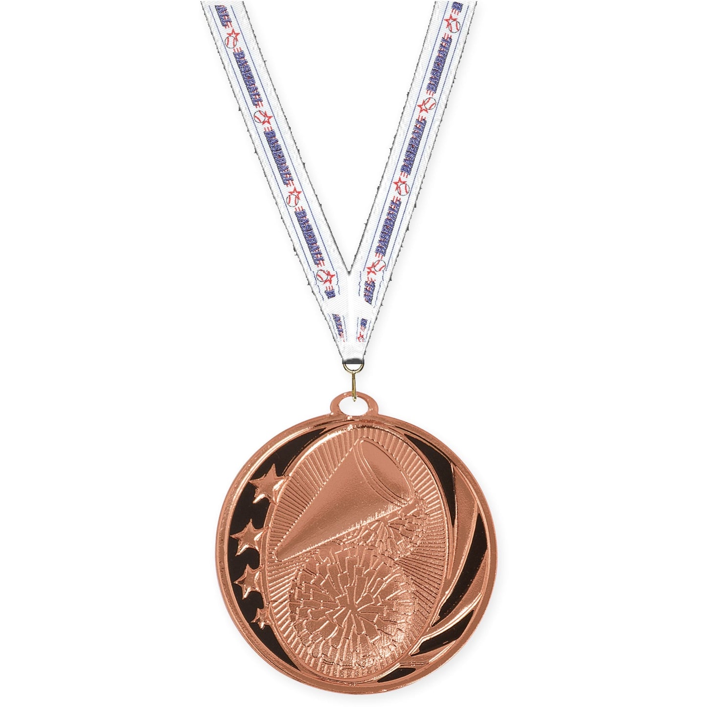 2 inch cheerleading MidNite Star medal in bright bronze with Baseball neck ribbon