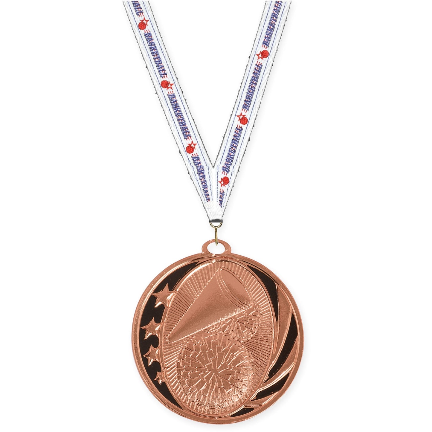 2 inch cheerleading MidNite Star medal in bright bronze with Basketball neck ribbon