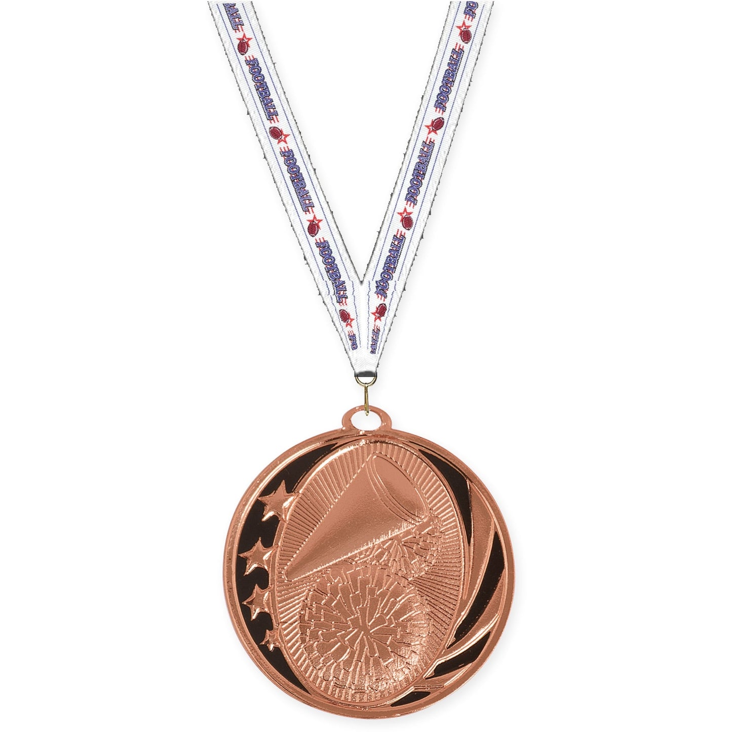 2 inch cheerleading MidNite Star medal in bright bronze with Football neck ribbon