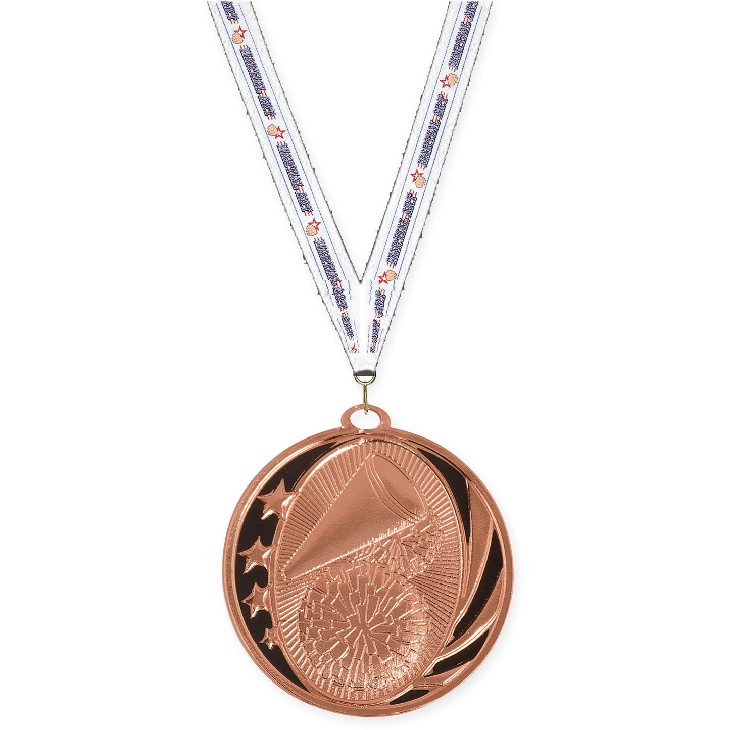 2 inch cheerleading MidNite Star medal in bright bronze with Martial Arts neck ribbon