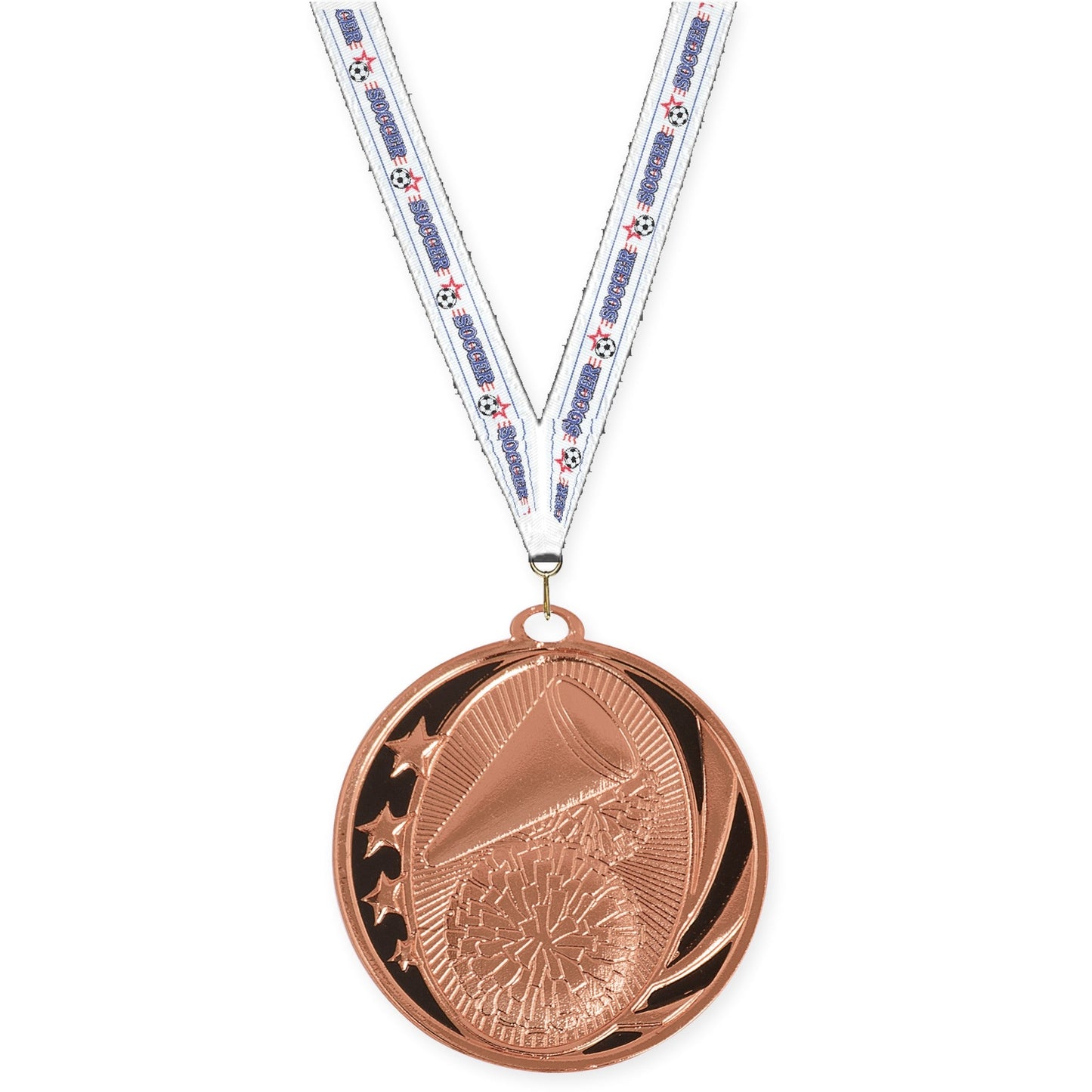 2 inch cheerleading MidNite Star medal in bright bronze with Soccer neck ribbon