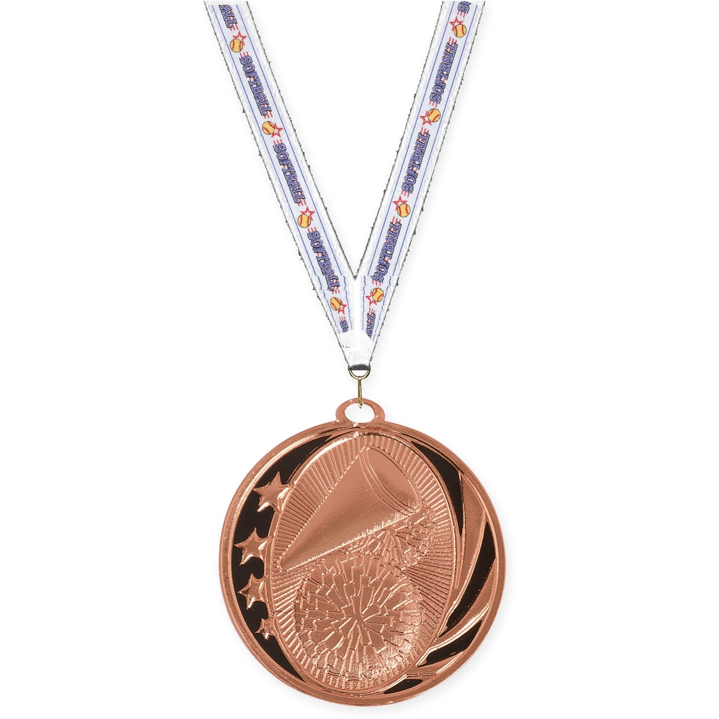 2 inch cheerleading MidNite Star medal in bright bronze with Softball neck ribbon
