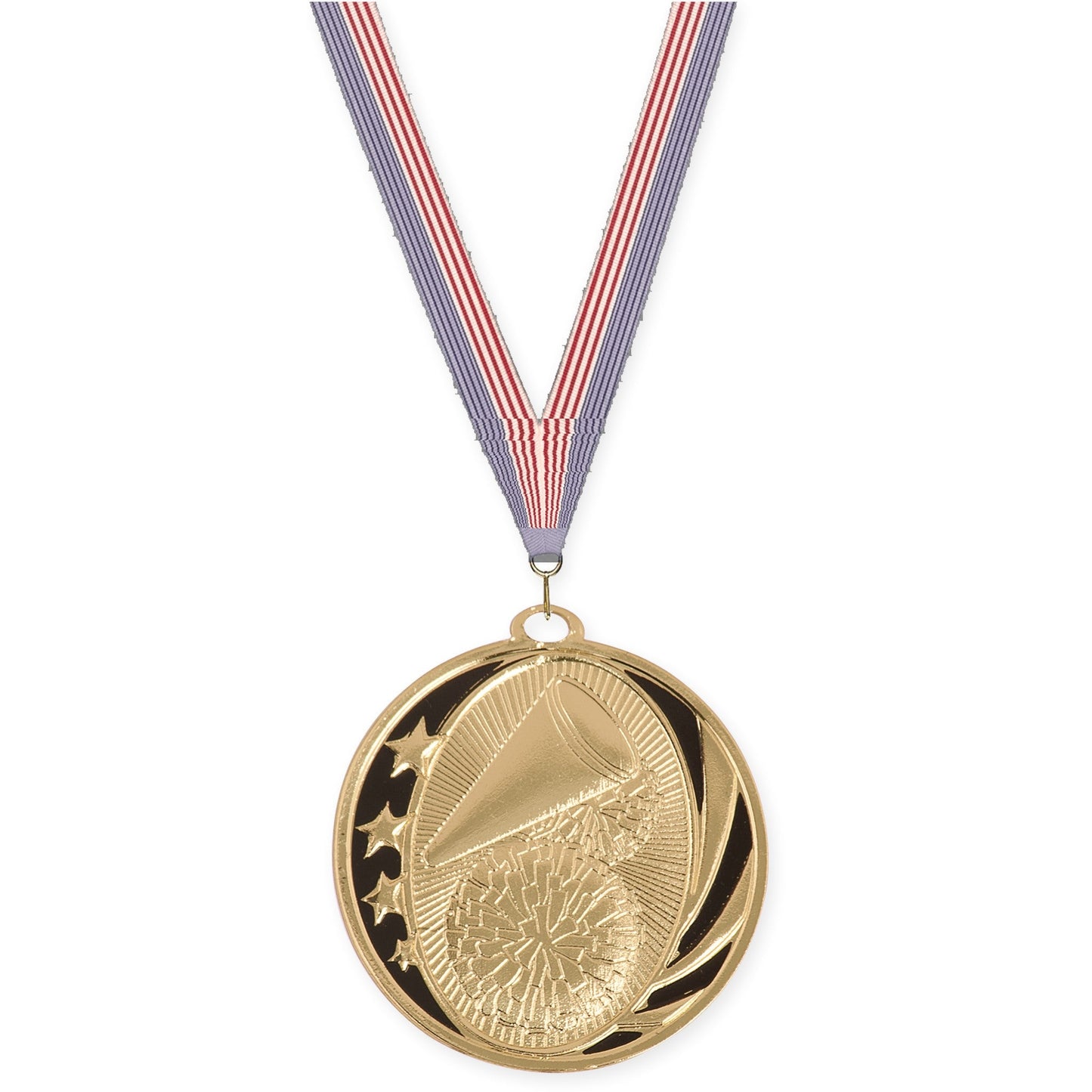 2 inch cheerleading MidNite Star medal in bright gold with USA Flag neck ribbon