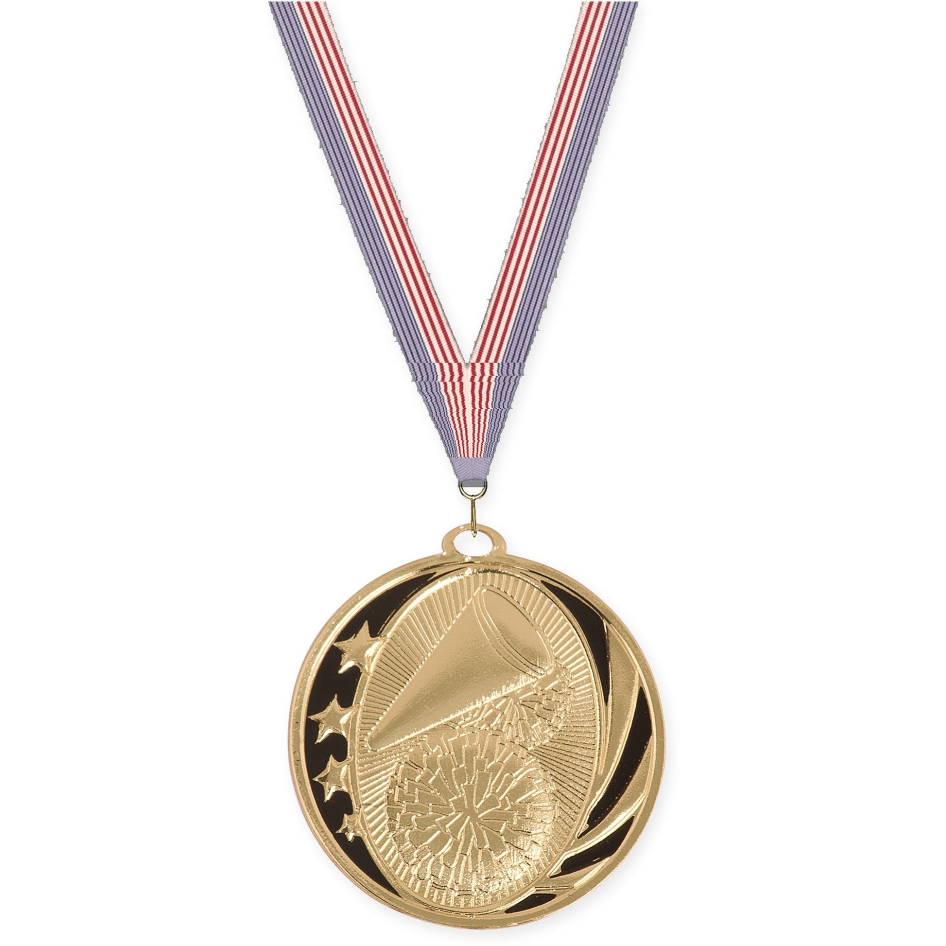 2 inch cheerleading MidNite Star medal in bright gold with USA Flag neck ribbon