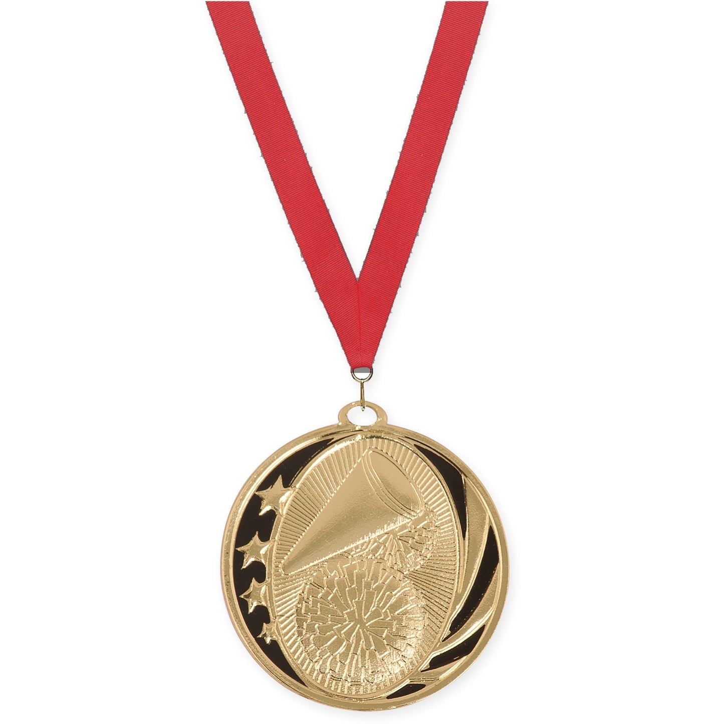 2 inch cheerleading MidNite Star medal in bright gold with Red neck ribbon
