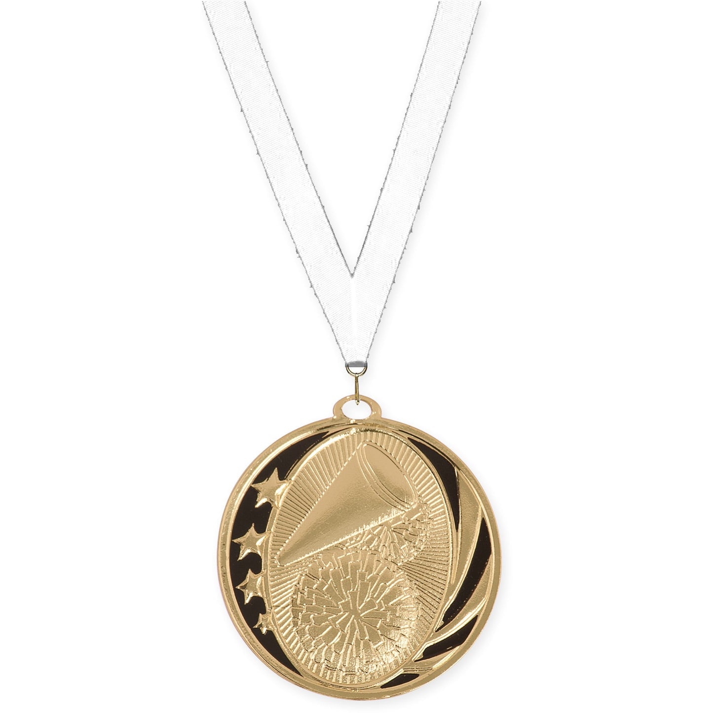 2 inch cheerleading MidNite Star medal in bright gold with White neck ribbon