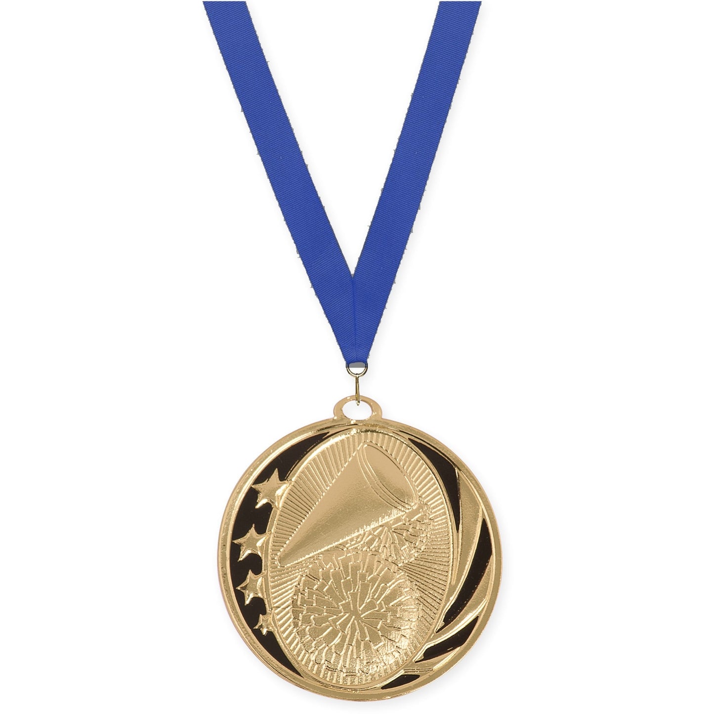 2 inch cheerleading MidNite Star medal in bright gold with Blue neck ribbon