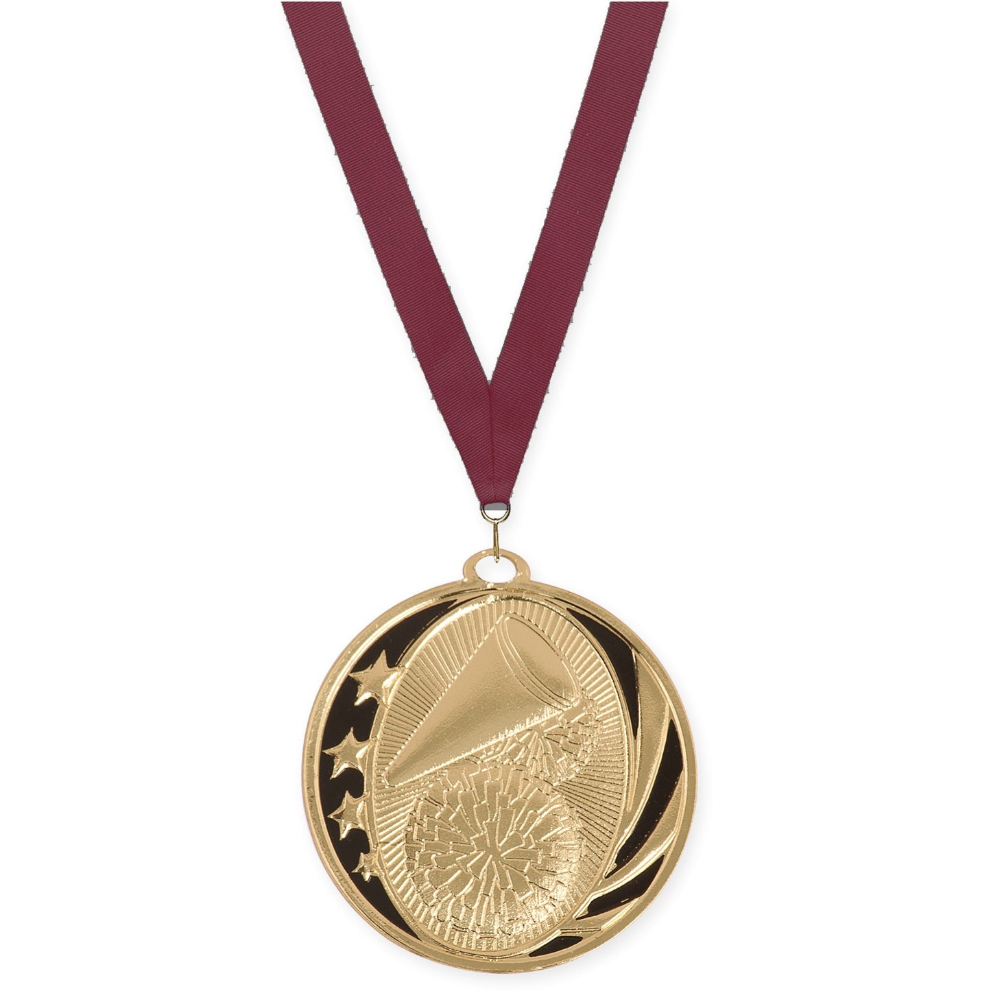 2 inch cheerleading MidNite Star medal in bright gold with Maroon neck ribbon