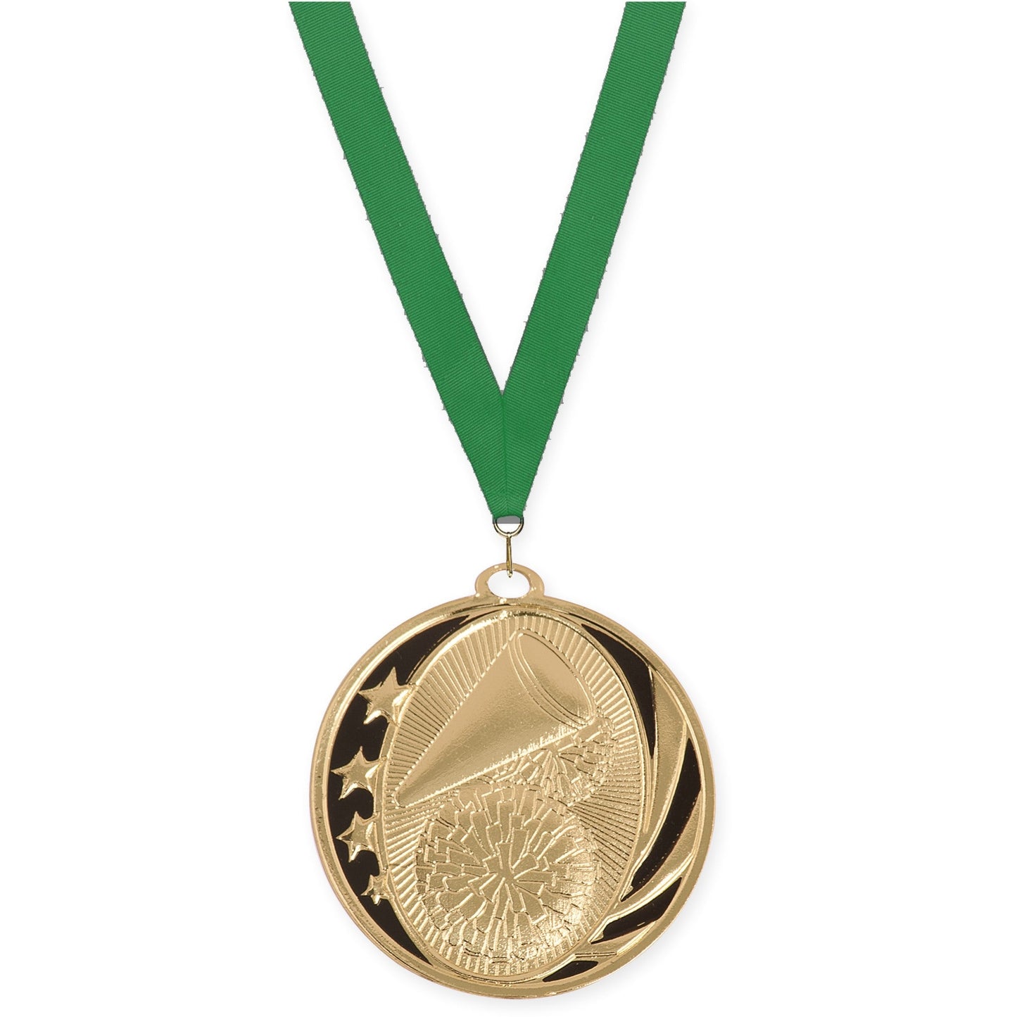 2 inch cheerleading MidNite Star medal in bright gold with Green neck ribbon