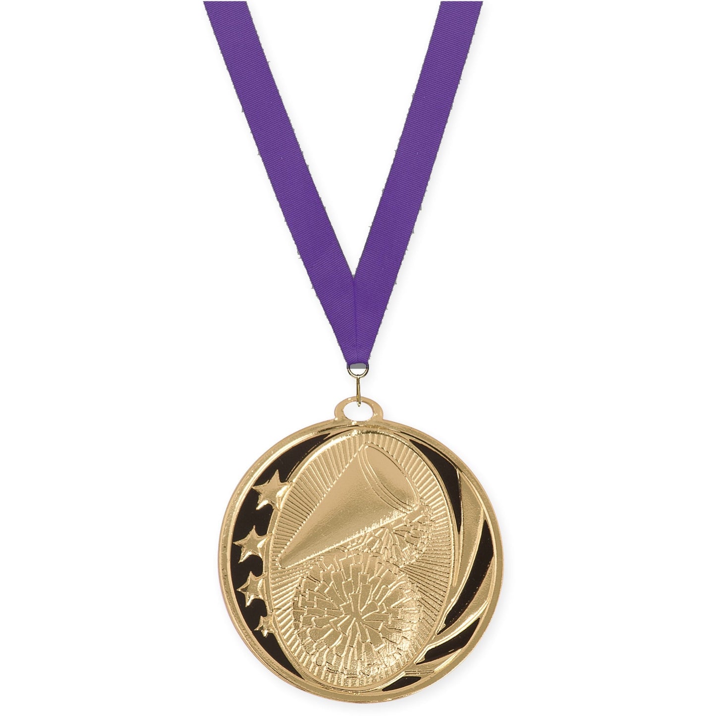 2 inch cheerleading MidNite Star medal in bright gold with Purple neck ribbon