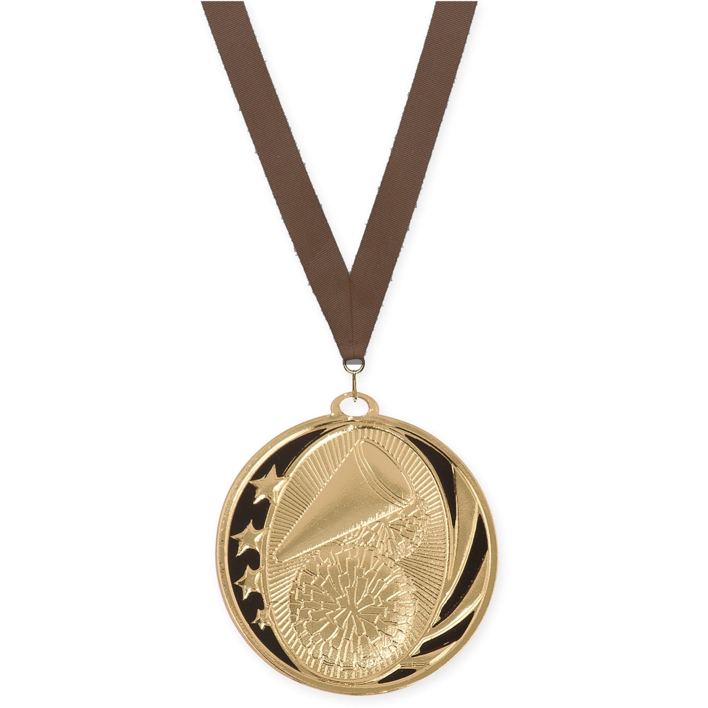 2 inch cheerleading MidNite Star medal in bright gold with Brown neck ribbon