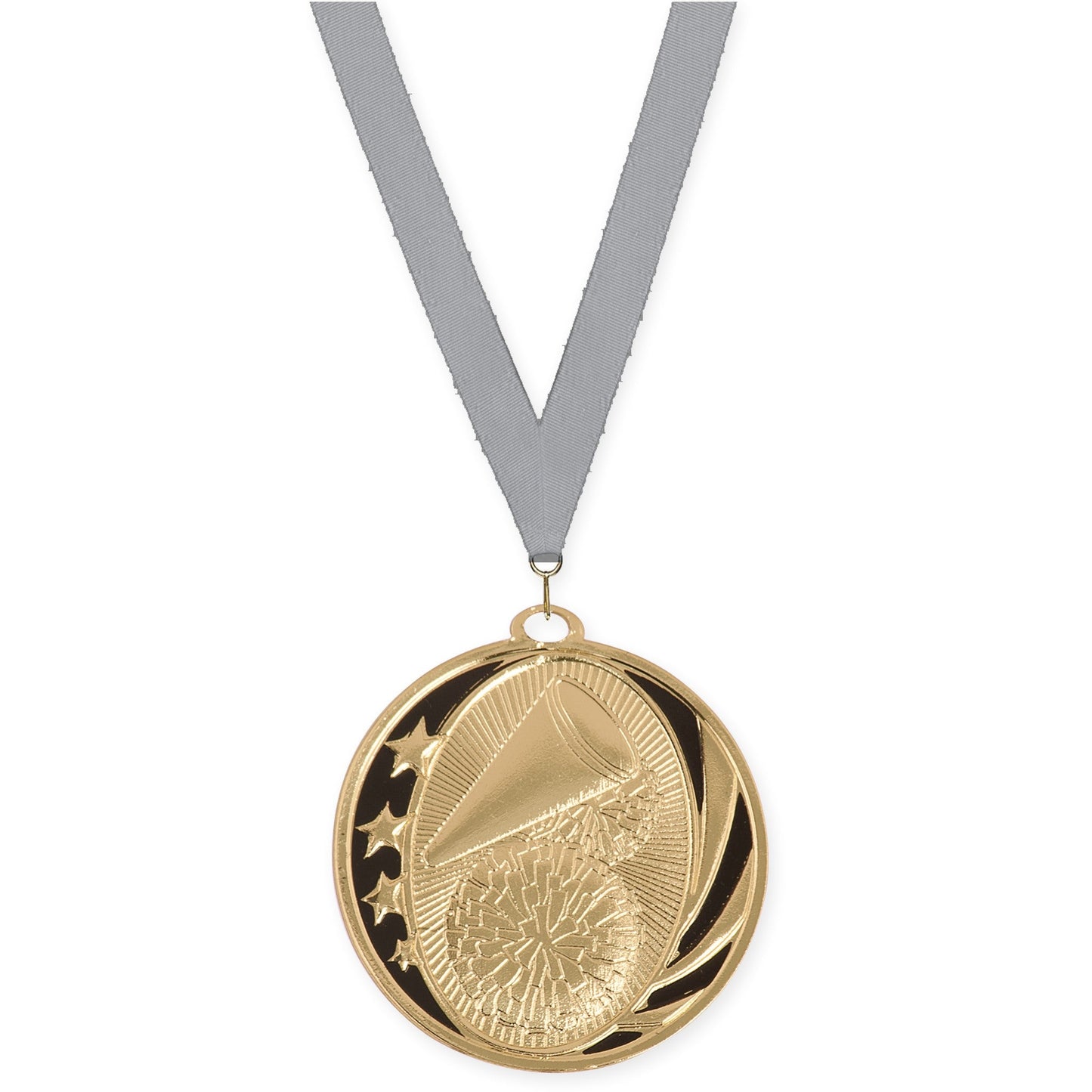 2 inch cheerleading MidNite Star medal in bright gold with Gray neck ribbon