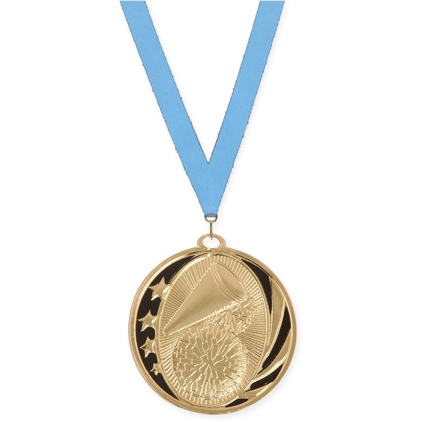 2 inch cheerleading MidNite Star medal in bright gold with Light Blue neck ribbon