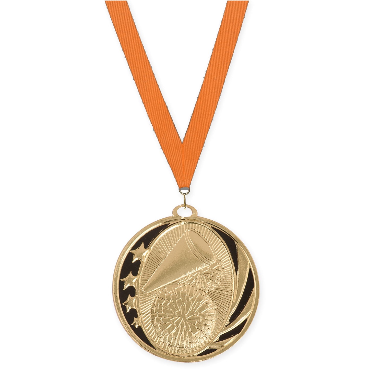 2 inch cheerleading MidNite Star medal in bright gold with Orange neck ribbon
