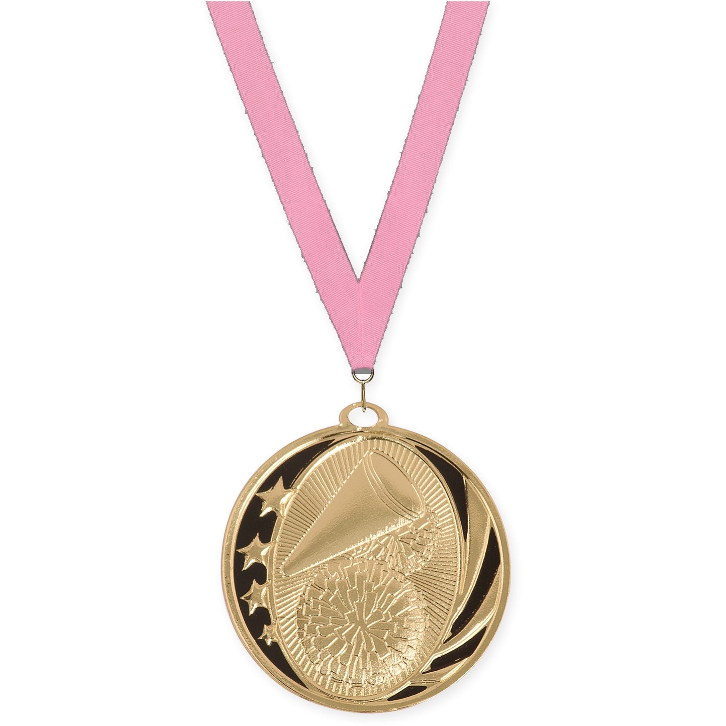 2 inch cheerleading MidNite Star medal in bright gold with Pink neck ribbon