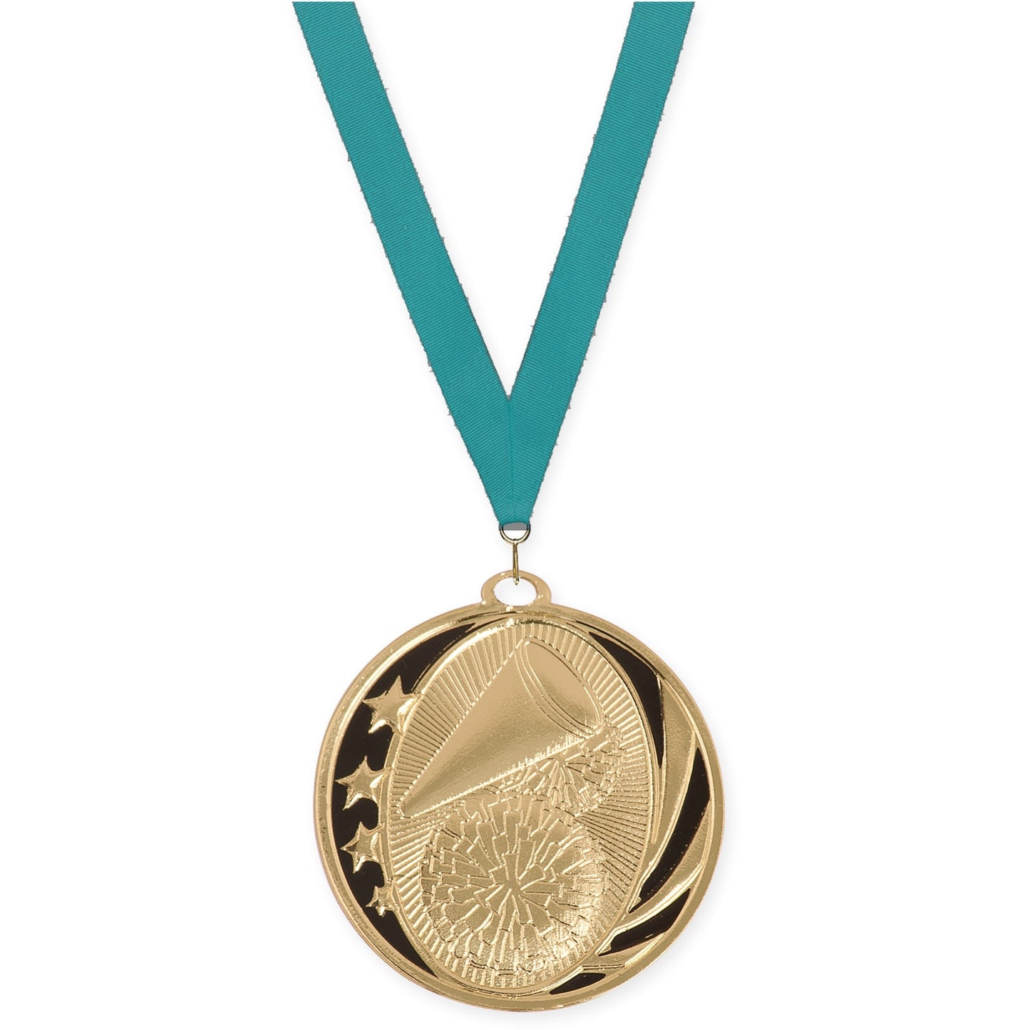 2 inch cheerleading MidNite Star medal in bright gold with Teal neck ribbon