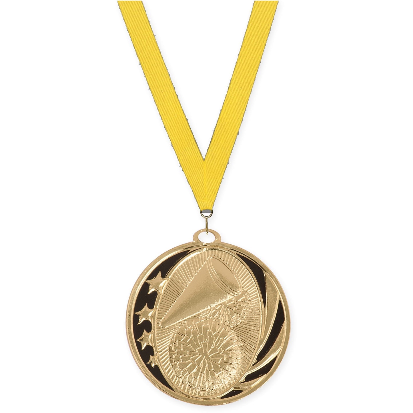 2 inch cheerleading MidNite Star medal in bright gold with Yellow neck ribbon