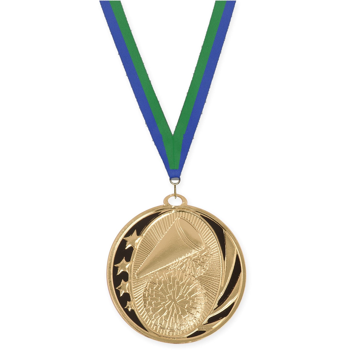 2 inch cheerleading MidNite Star medal in bright gold with Blue Green neck ribbon