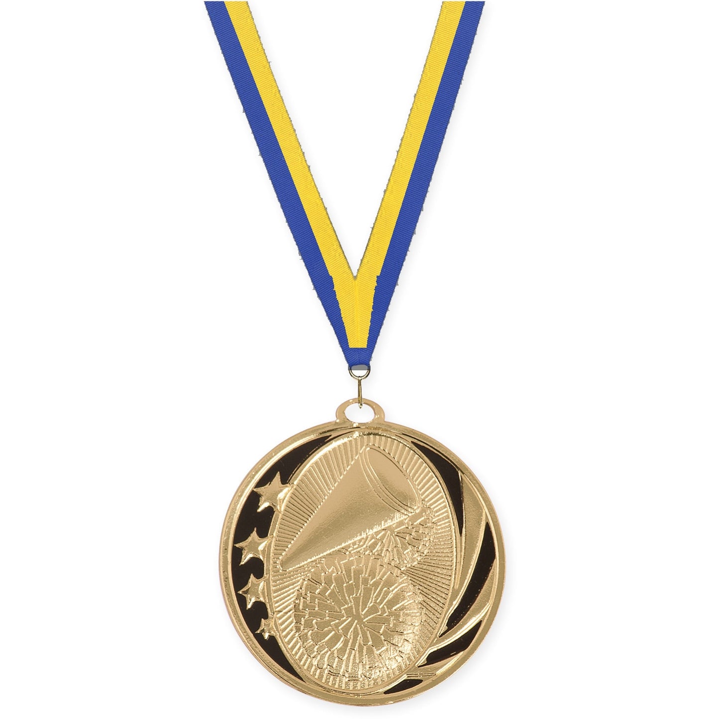 2 inch cheerleading MidNite Star medal in bright gold with Blue Yellow neck ribbon
