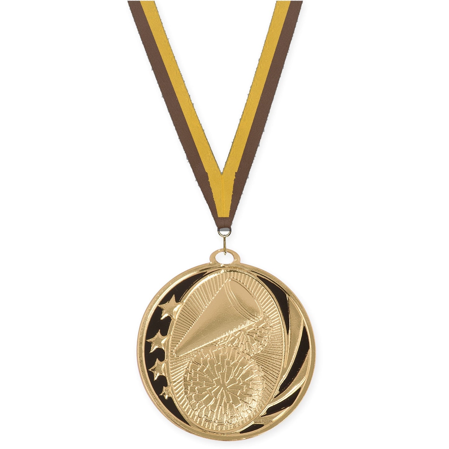 2 inch cheerleading MidNite Star medal in bright gold with Brown Gold neck ribbon