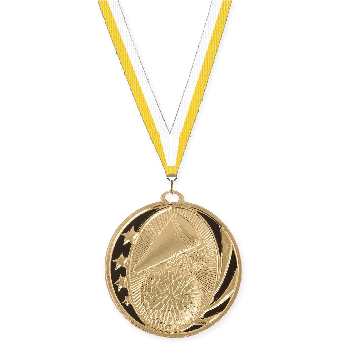 2 inch cheerleading MidNite Star medal in bright gold with Yellow White neck ribbon