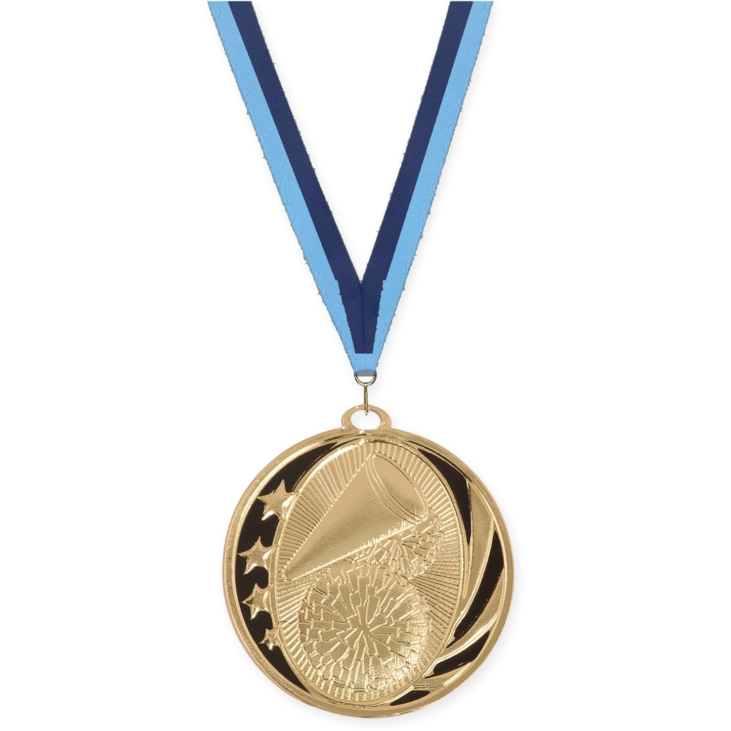 2 inch cheerleading MidNite Star medal in bright gold with Light Blue Navy neck ribbon