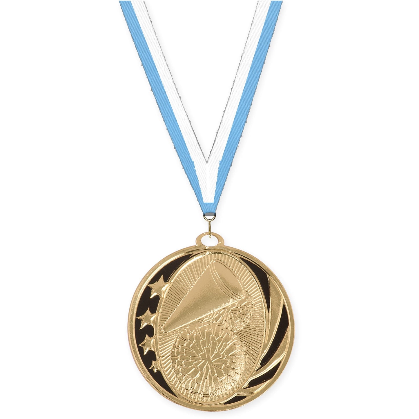 2 inch cheerleading MidNite Star medal in bright gold with Light Blue White neck ribbon