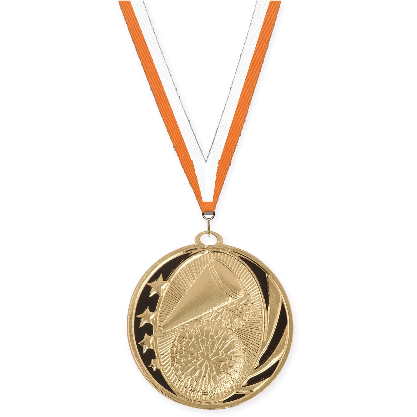 2 inch cheerleading MidNite Star medal in bright gold with Orange White neck ribbon