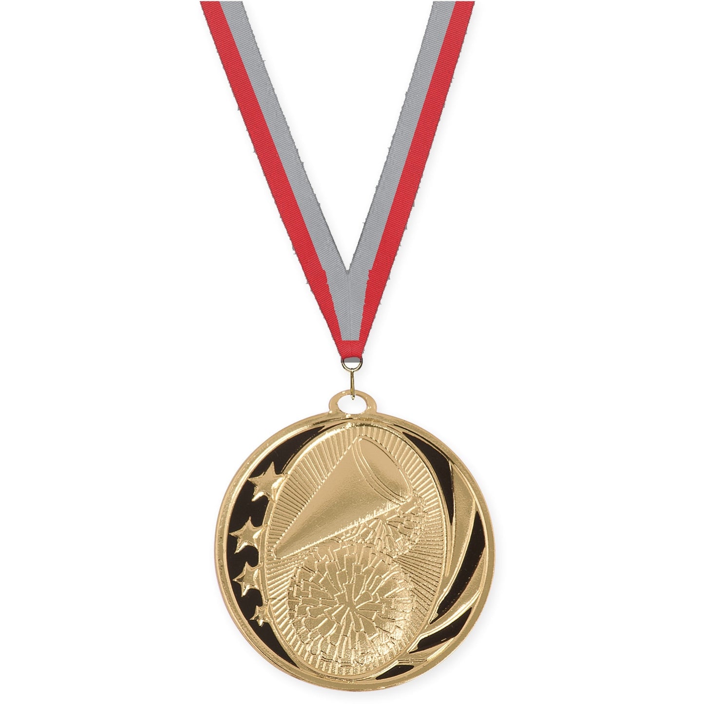 2 inch cheerleading MidNite Star medal in bright gold with Red Gray neck ribbon