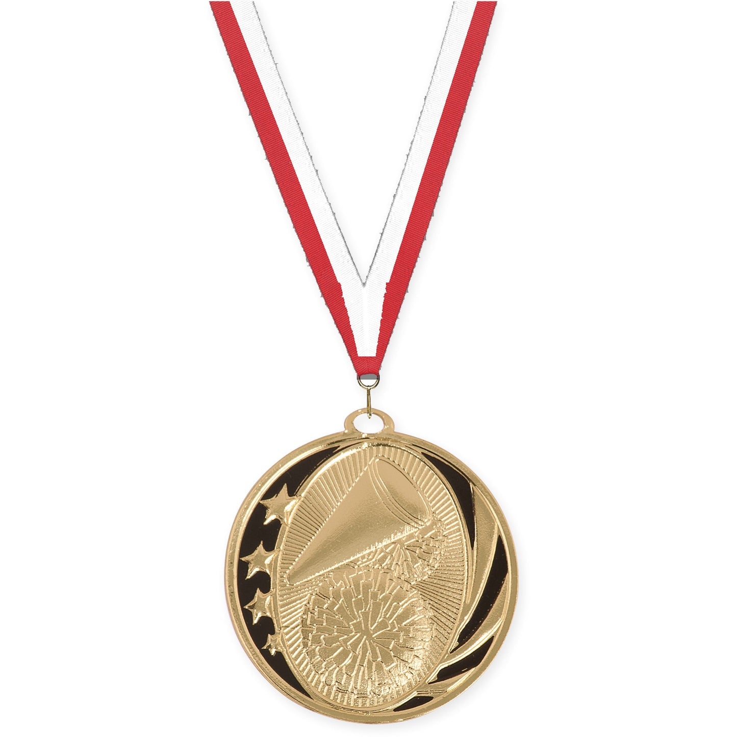 2 inch cheerleading MidNite Star medal in bright gold with Red White neck ribbon