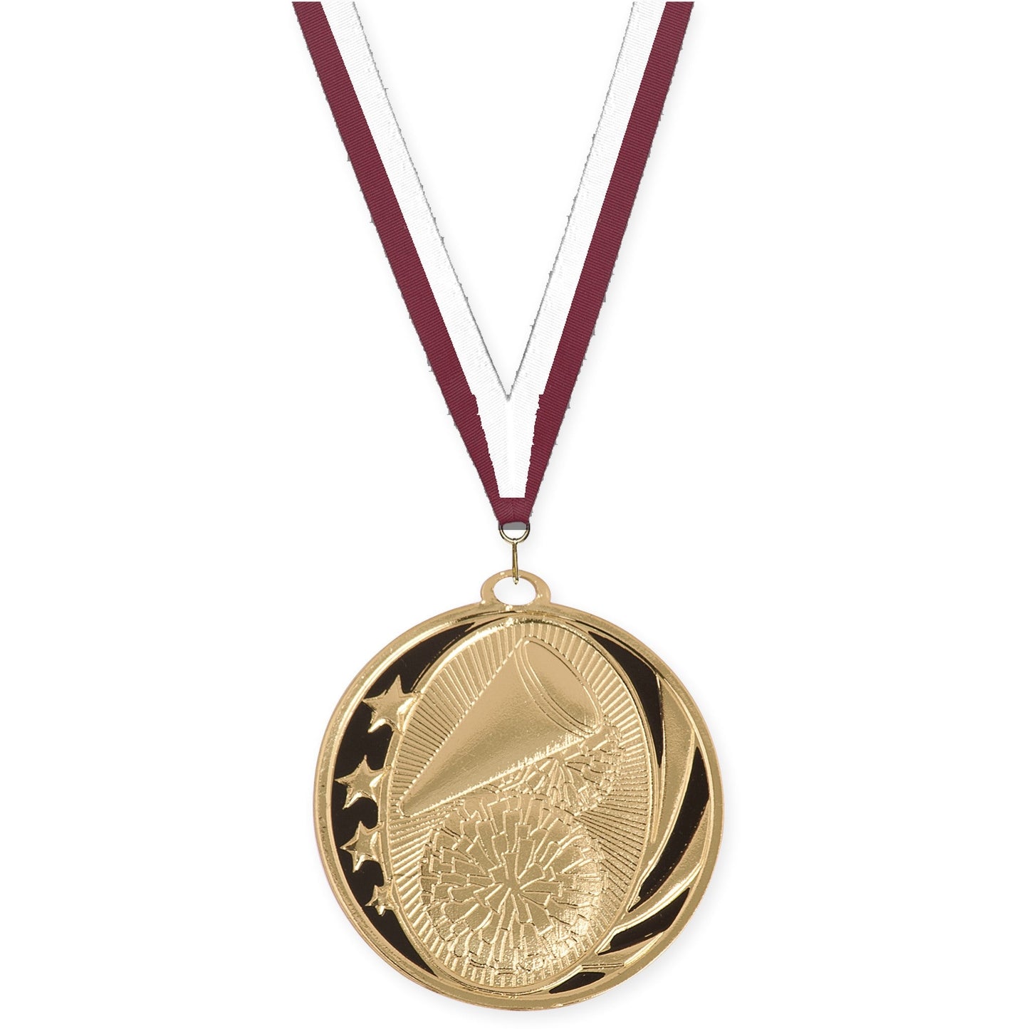 2 inch cheerleading MidNite Star medal in bright gold with Maroon White neck ribbon