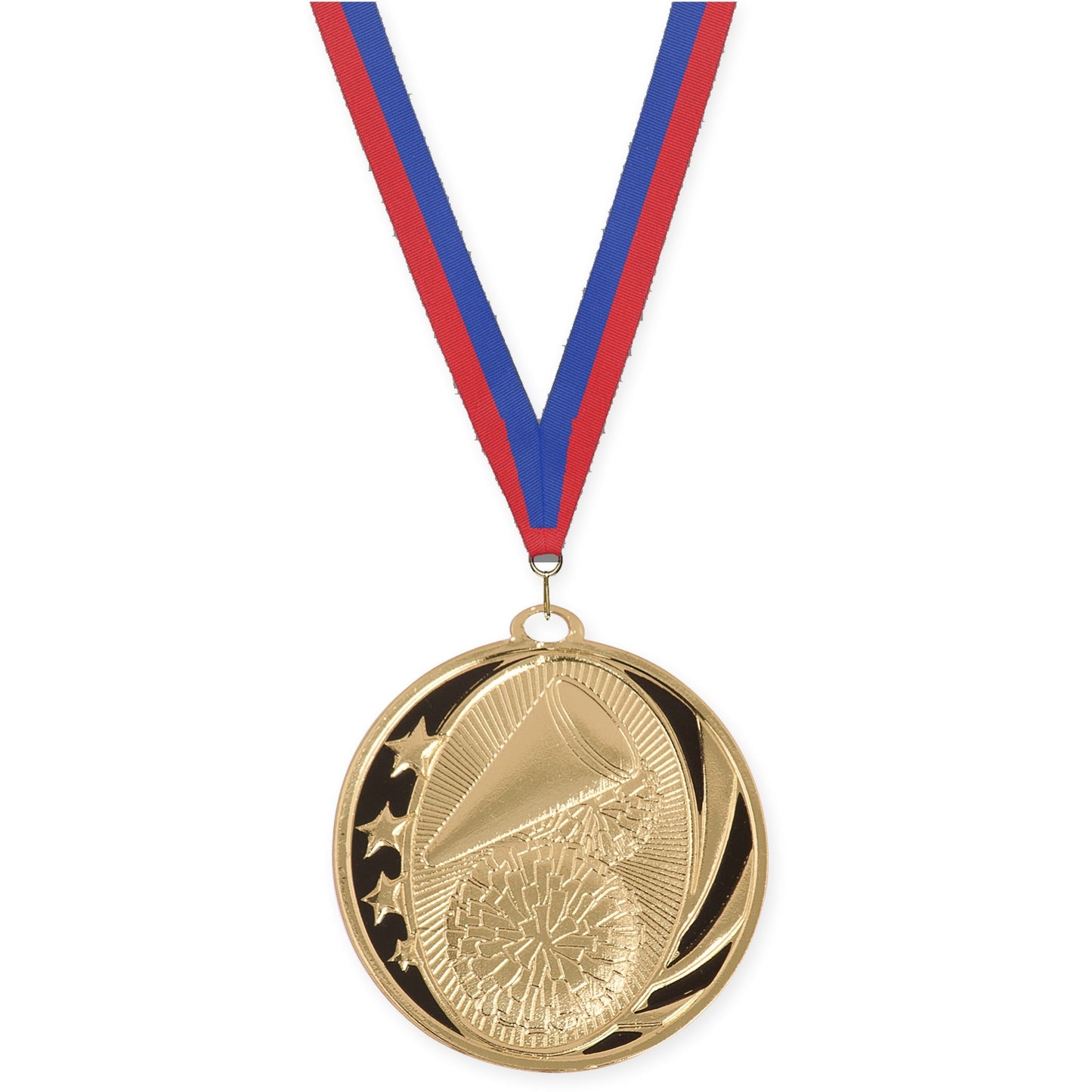 2 inch cheerleading MidNite Star medal in bright gold with Blue Red neck ribbon