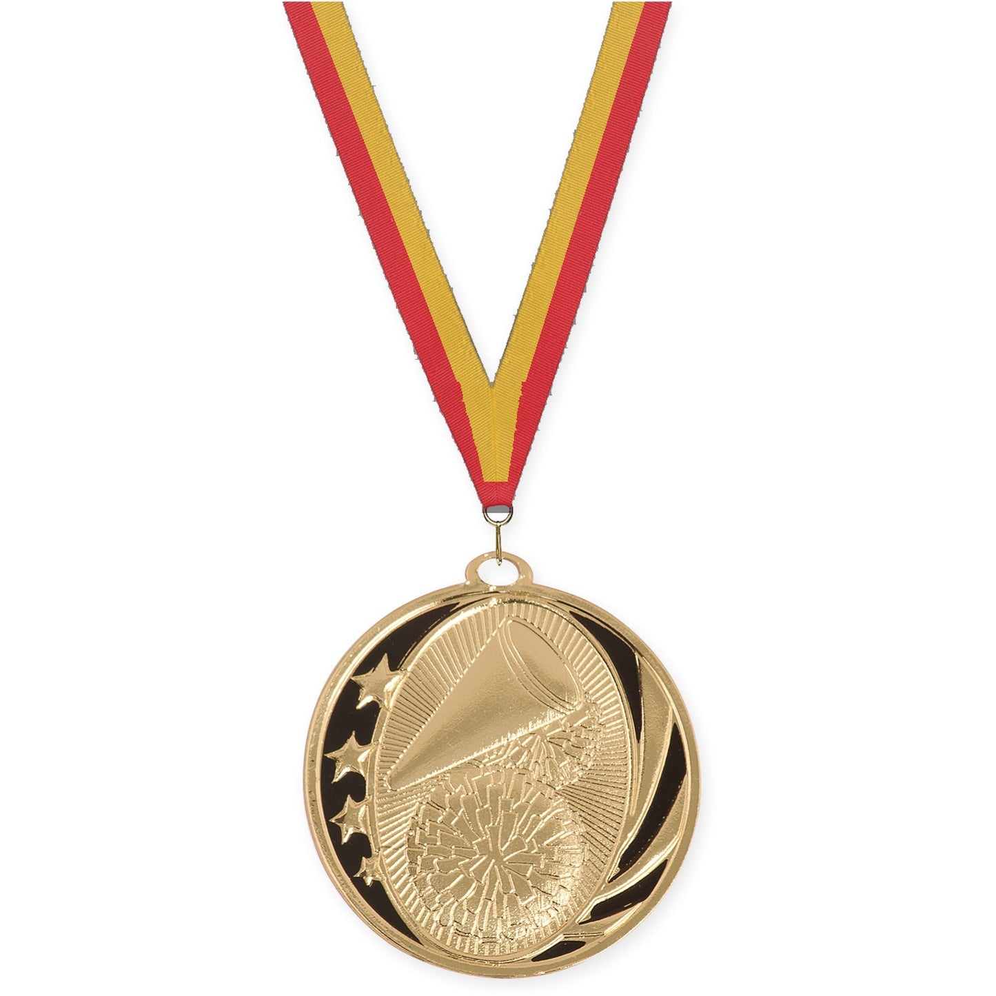 2 inch cheerleading MidNite Star medal in bright gold with Red Gold neck ribbon