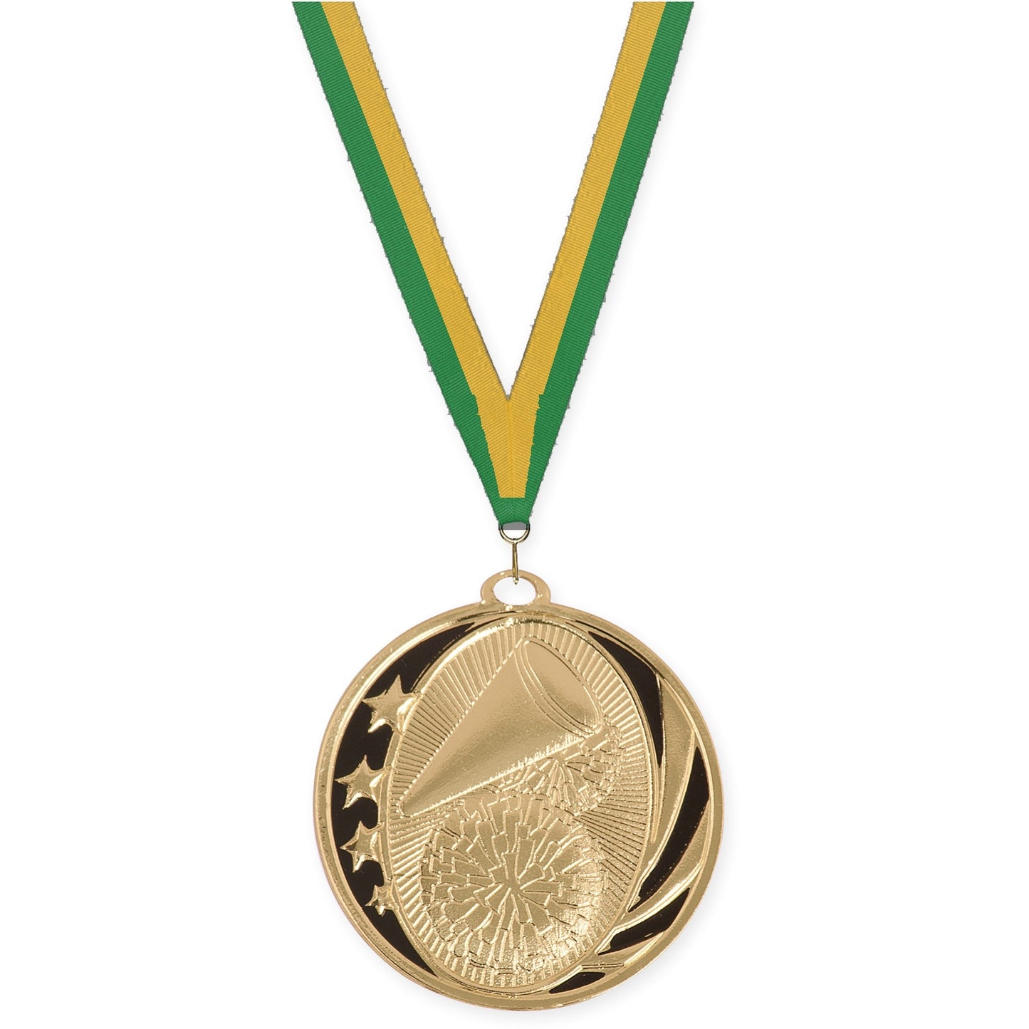 2 inch cheerleading MidNite Star medal in bright gold with Green Gold neck ribbon