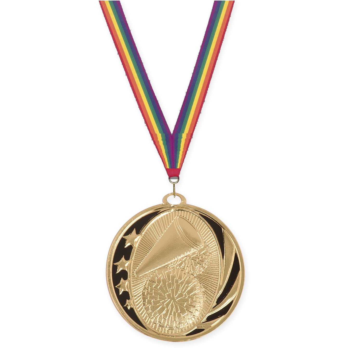 2 inch cheerleading MidNite Star medal in bright gold with Rainbow neck ribbon