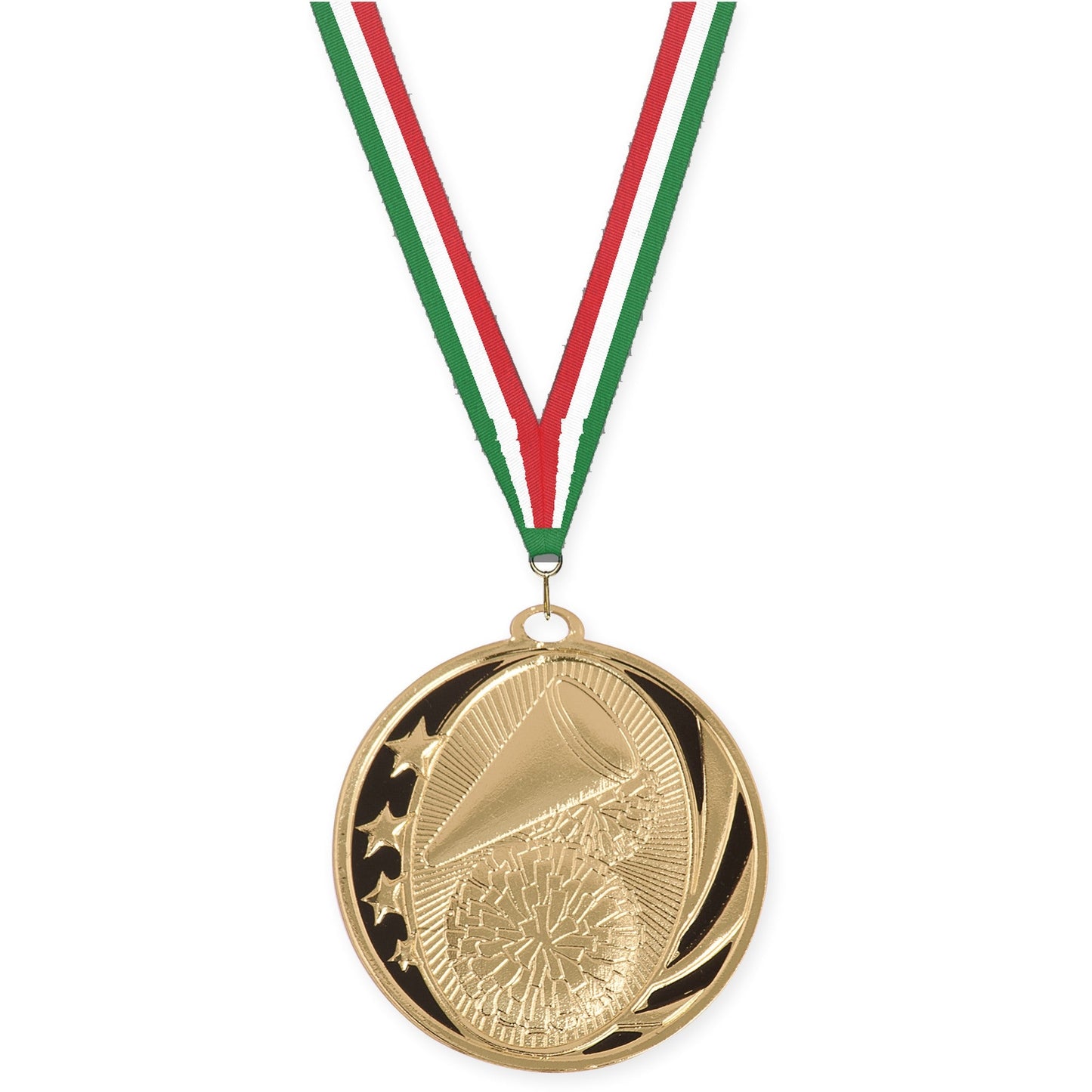 2 inch cheerleading MidNite Star medal in bright gold with Green White Red neck ribbon