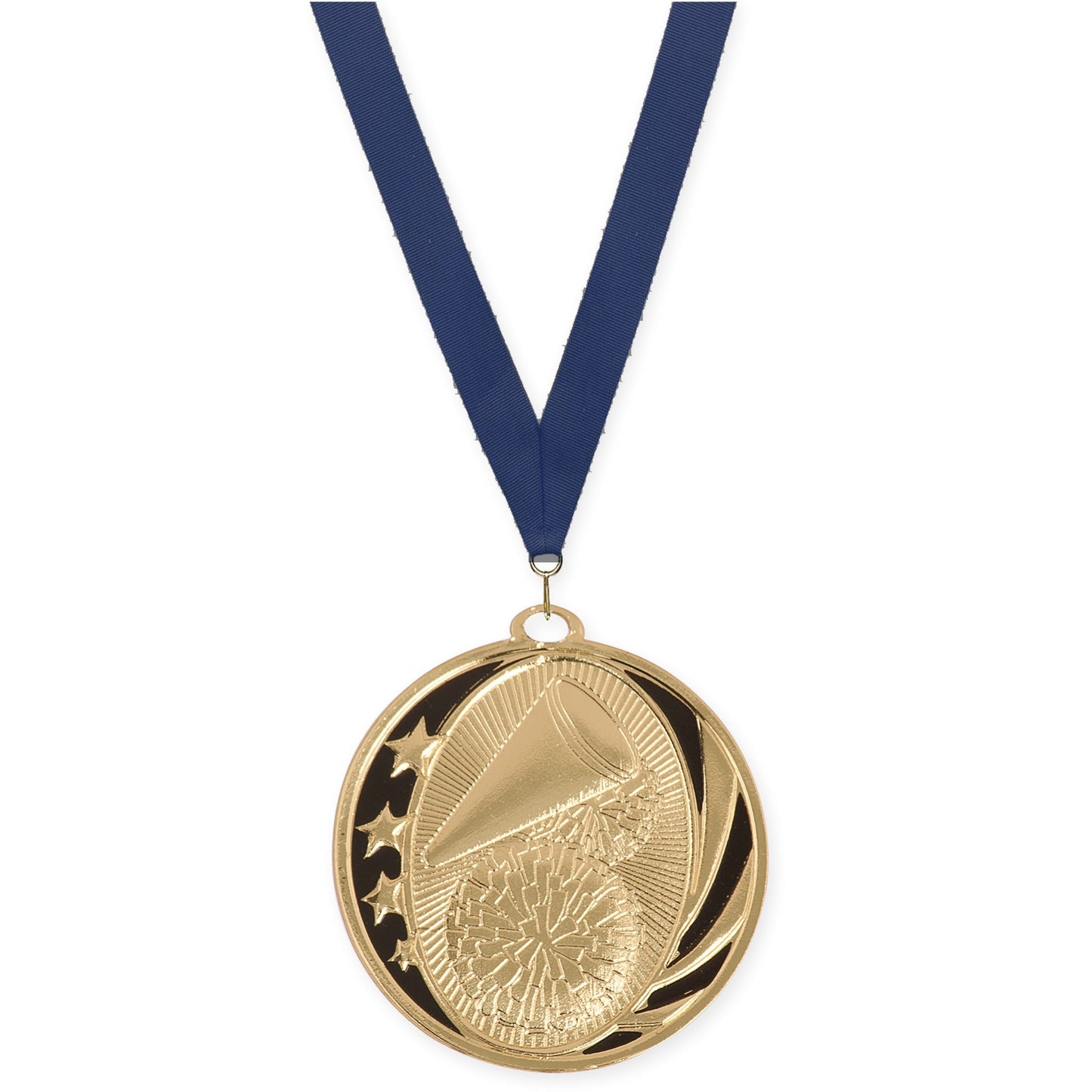 2 inch cheerleading MidNite Star medal in bright gold with Navy neck ribbon