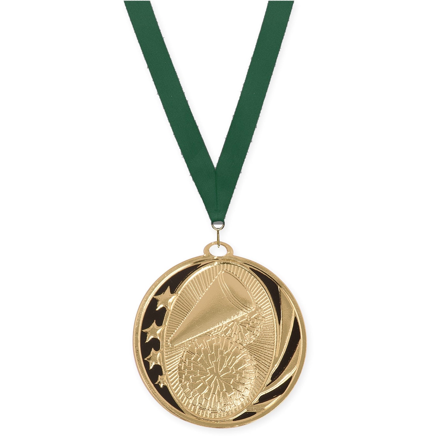 2 inch cheerleading MidNite Star medal in bright gold with Hunter Green neck ribbon