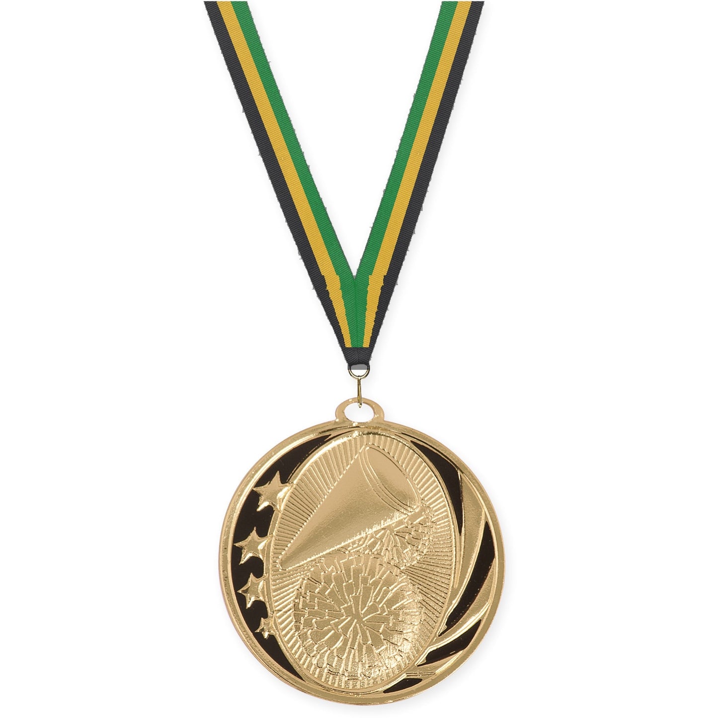 2 inch cheerleading MidNite Star medal in bright gold with Black Gold Green neck ribbon