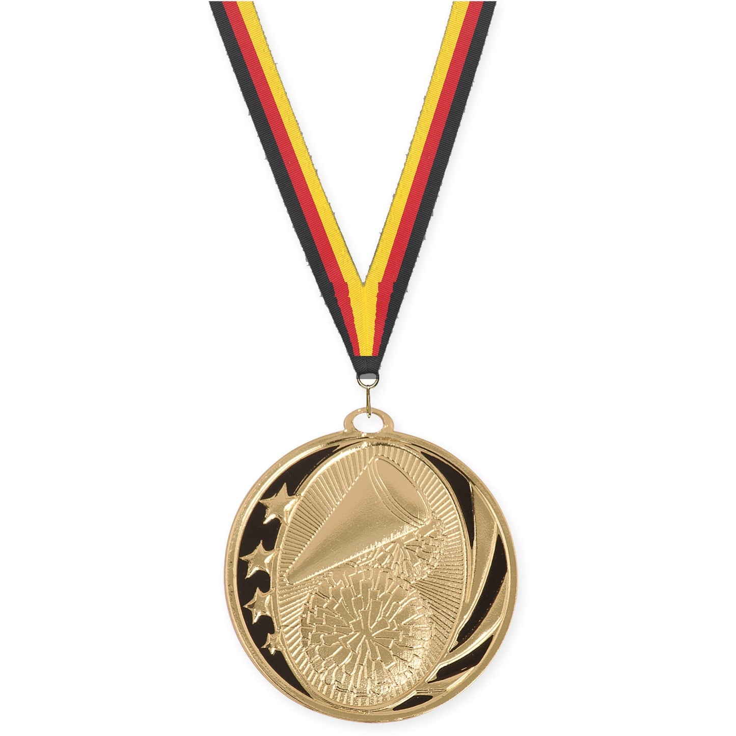 2 inch cheerleading MidNite Star medal in bright gold with Black Red Yellow neck ribbon