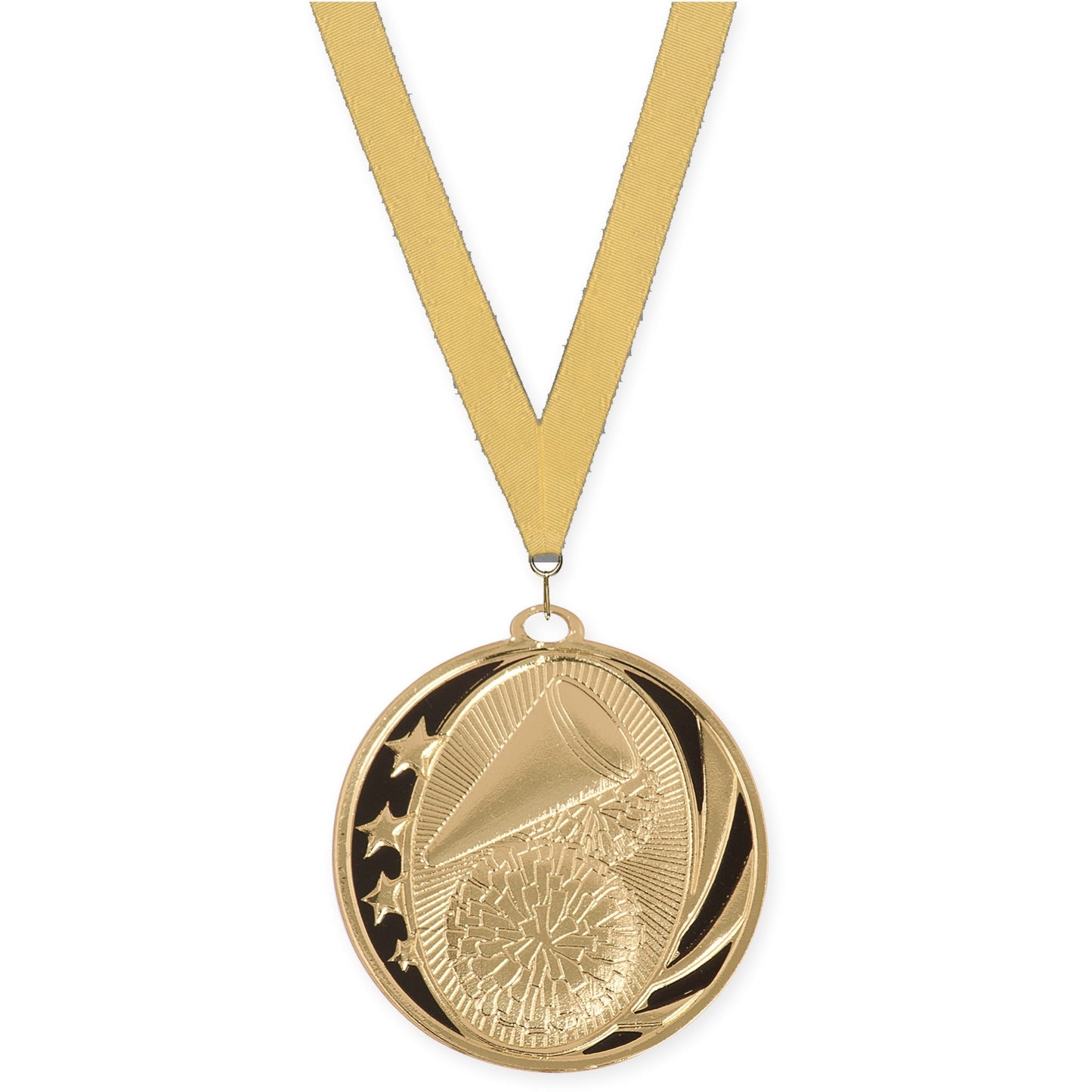 2 inch cheerleading MidNite Star medal in bright gold with Gold Metallic neck ribbon