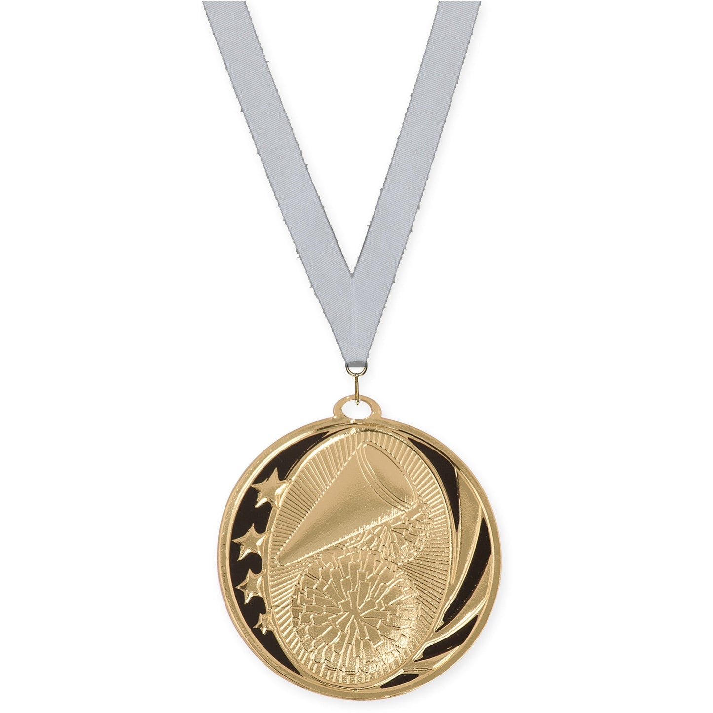 2 inch cheerleading MidNite Star medal in bright gold with Silver Metallic neck ribbon