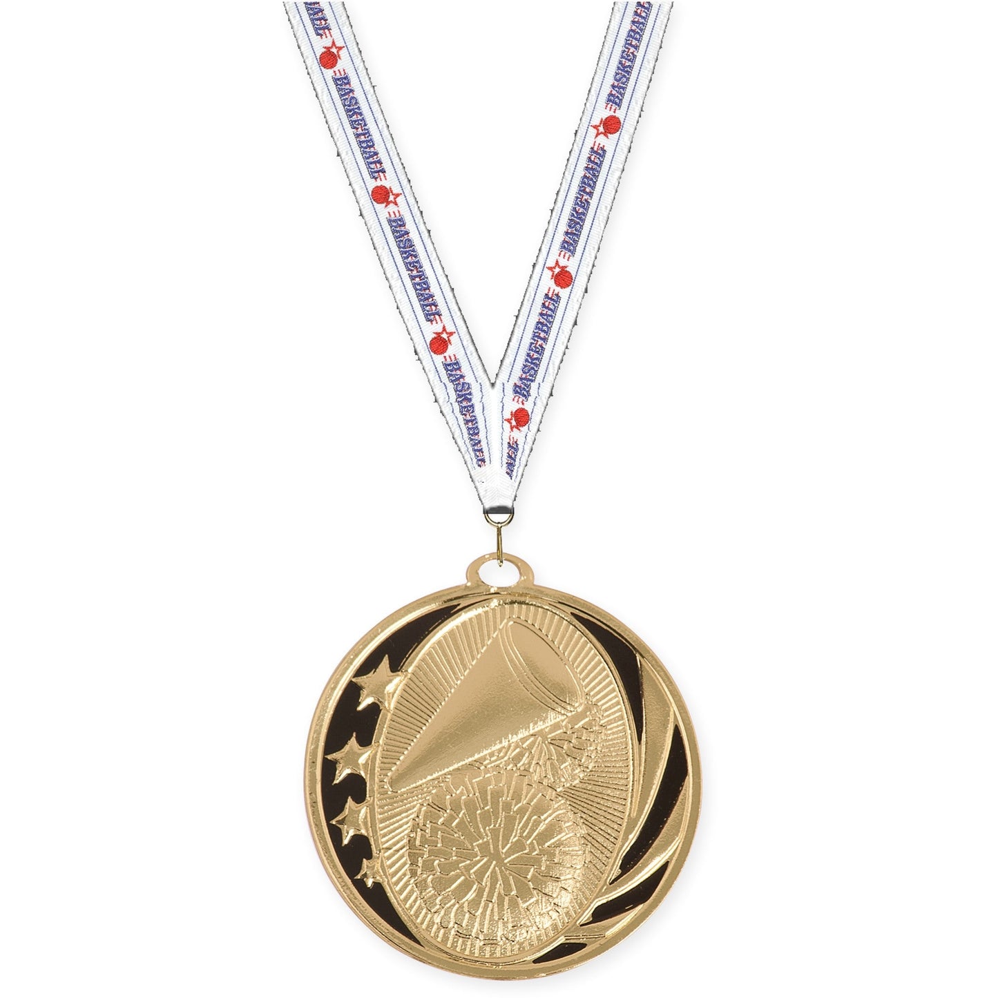 2 inch cheerleading MidNite Star medal in bright gold with Basketball neck ribbon
