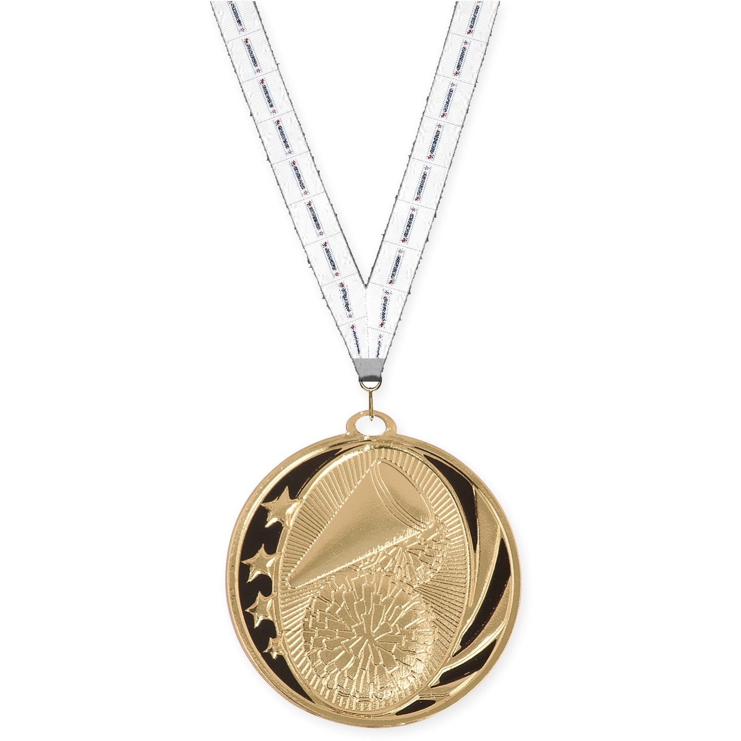 2 inch cheerleading MidNite Star medal in bright gold with Gymnastics neck ribbon