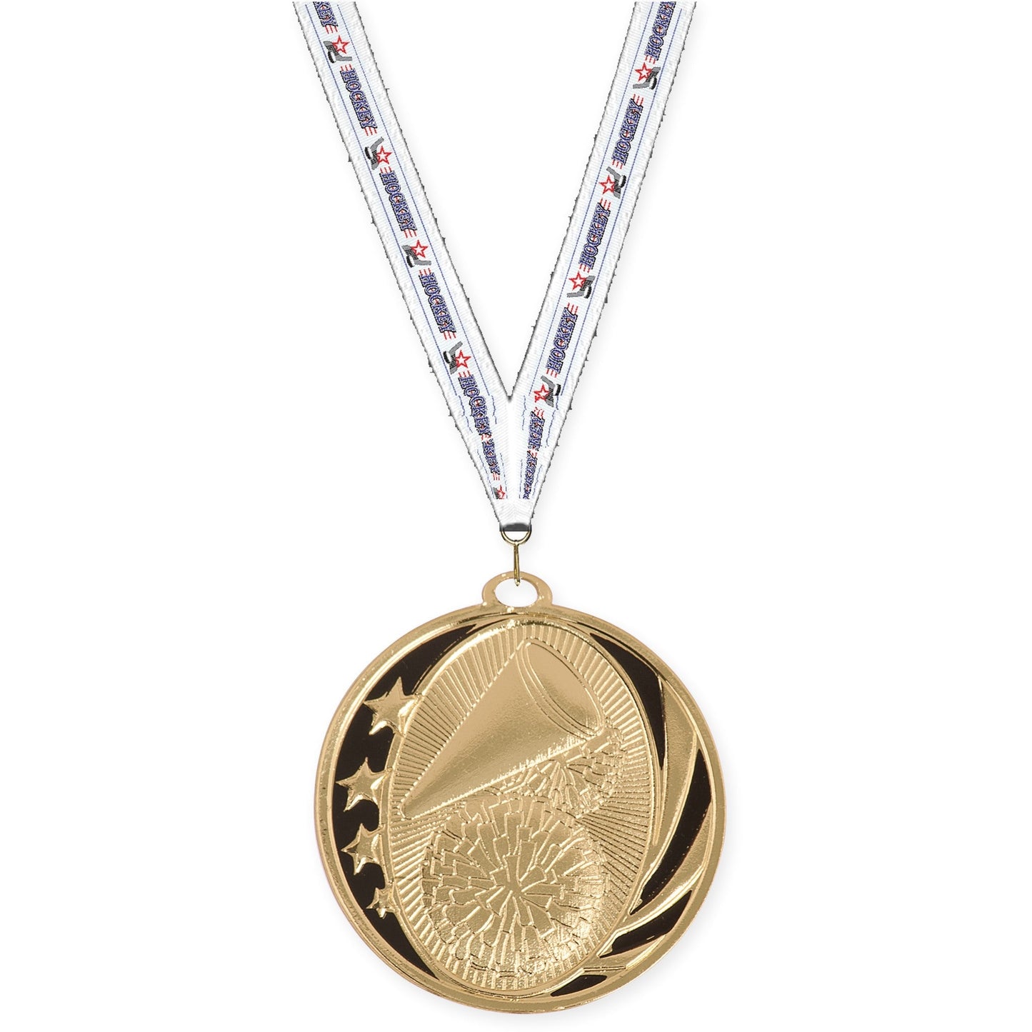 2 inch cheerleading MidNite Star medal in bright gold with Hockey neck ribbon