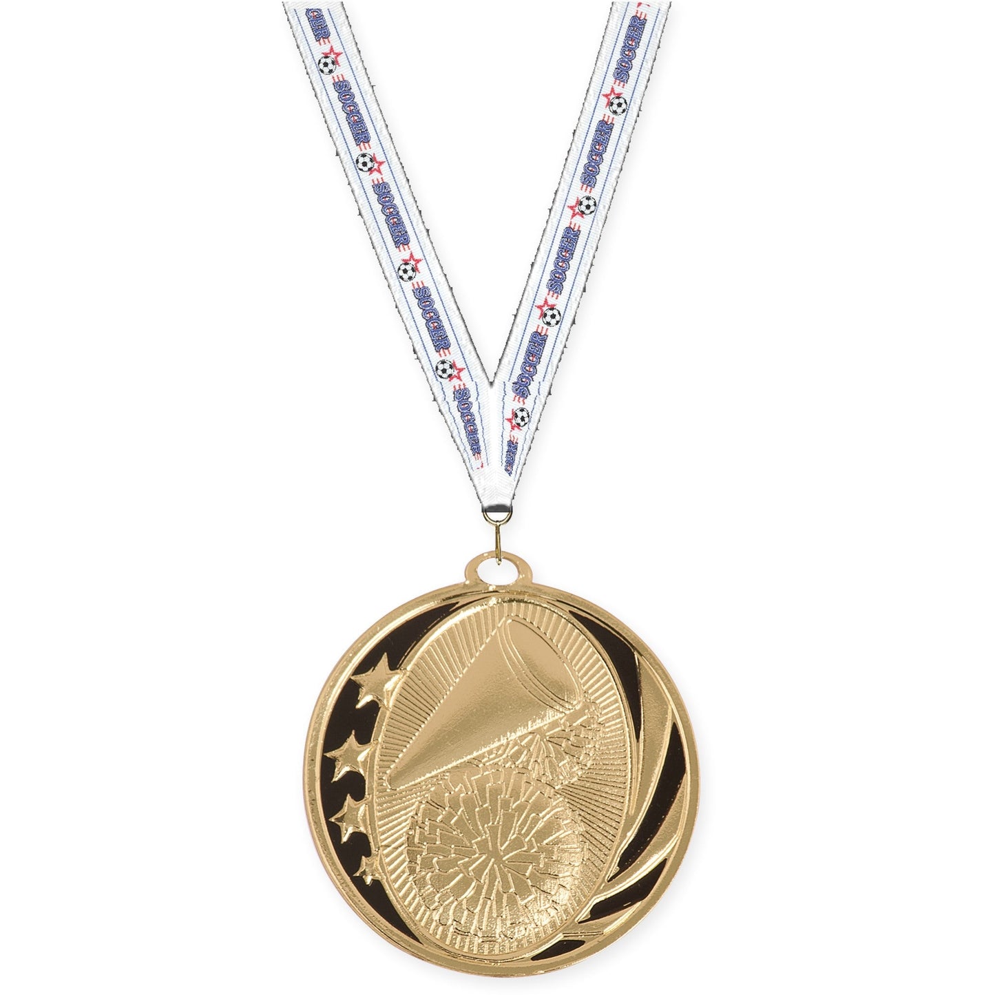 2 inch cheerleading MidNite Star medal in bright gold with Soccer neck ribbon